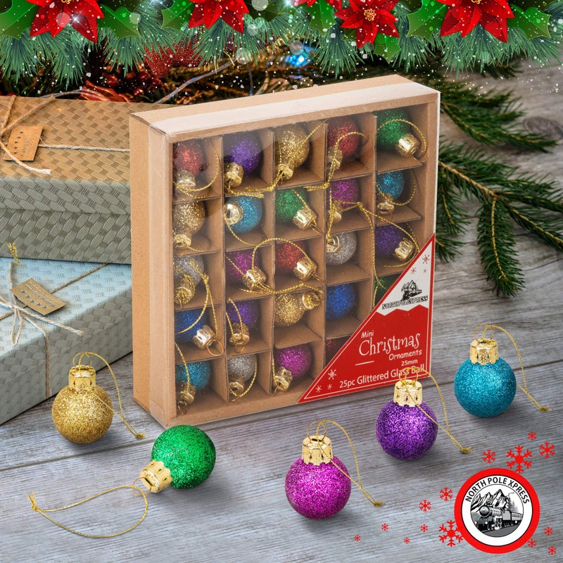 NorthPoleXpress 1 Inch Multicolor Mini Glitter Glass Ball Christmas Ornaments Set of 25 Balls | Miniature Christmas Tree Ornaments | Rustic Christmas Decorations | Mini Christmas Tree Decorations for Small Trees - Image 5